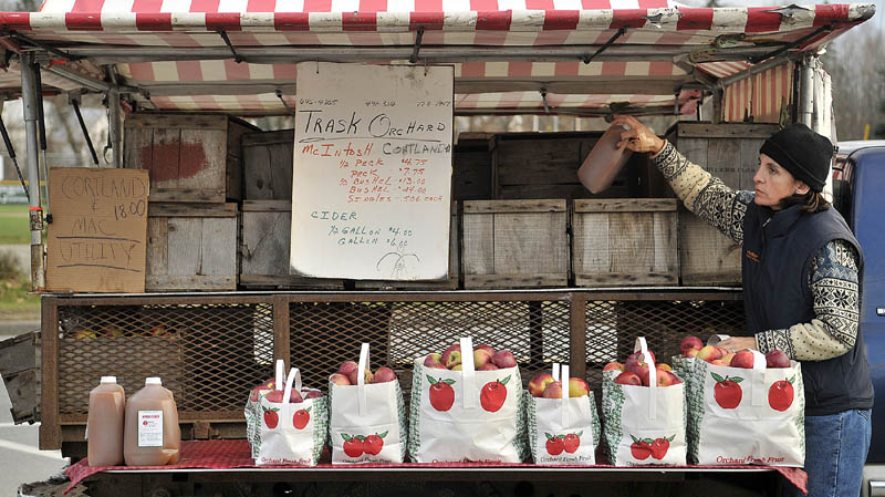 Jessica Sueiro, of Boston, stocks cider and apples on the Trask Orchard truck on Main Street in Farmington Friday afternoon. Sueiro said her parent's have owned the orchard for more than 45 years and she travels to Farmington each weekend to help out.