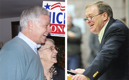 Left: Rep. Mike Michaud gets a hug from his mother, Jean, on Election Day in 2010. Michaud is undefeated in the 16 elections he’s faced. Right: As Maine Senate president, Kevin Raye is generally credited with trying to foster bipartisan cooperation Every Thursday, he had dinner with his Democratic peers.