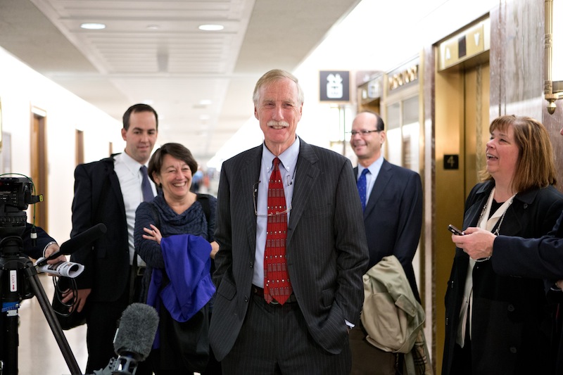 Sen.-elect Angus King, I-Maine, center, the former governor of Maine, arrives on Capitol Hill in Washington, Tuesday, Nov. 13, 2012, to meet with Republican Sen. Susan Collins, R-Maine to discuss committee assignments and how they'll work together to represent Maine in the Senate. (AP Photo/J. Scott Applewhite)