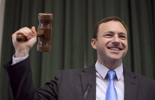 Newly-elected Speaker of the House, Rep. Mark Eves, D-North Berwick, tries out the gavel earlier this month. Eves is no stranger to dysfunction.