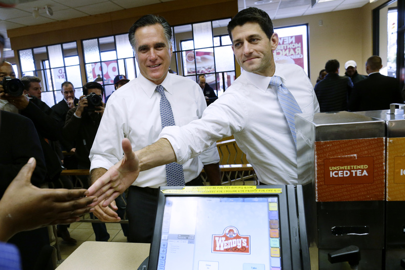 Former Massachusetts Gov. Mitt Romney and his vice presidential running mate, Rep. Paul Ryan, R-Wis., make an unscheduled stop at a Wendy's restaurant in Richmond Heights, Ohio, on Tuesday.