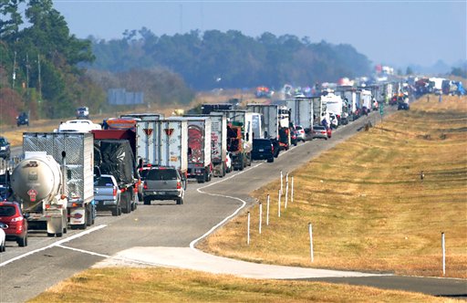 Traffic backs up on the east bound lane of Interstate 10 on Thanksgiving day after a multi-vehicle accident in southeast Texas.