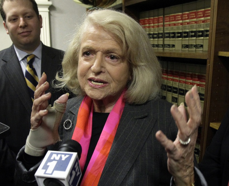 This Oct. 18, 2012 file photo shows Edith Windsor interviewed at the offices of the New York Civil Liberties Union, in New York. The fight over gay marriage is shifting from the ballot box to the Supreme Court. Three weeks after voters in three states backed it, the justices meet Friday to decide whether they should deal sooner rather than later with the idea that the Constitution gives people the right to marry regardless of a couple's sexual orientation. (AP Photo/Richard Drew, File)