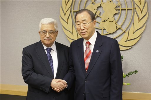 UN Secretary General Ban Ki-moon, right, shakes hands with Palestinian President Mahmoud Abbas at U.N. headquarters on Wednesday.
