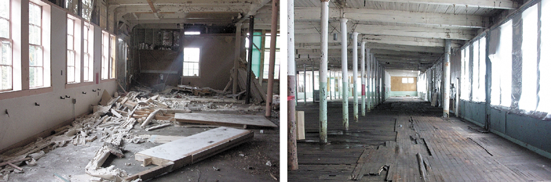 Asbestos-laden debris inside the former Forster Mill in Wilton before its cleanup, left, and after.