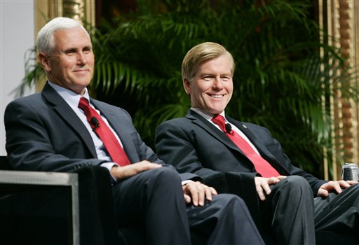 Indiana Governor-Elect Mike Pence, left, and Republican Governors Association Chairman and Virginia Gov. Bob McDonnell wait for the start of a panel discussion during the 2012 RGA Annual Conference at Encore hotel-casino Thursday, Nov. 15, 2012, in Las Vegas. (AP Photo/Ronda Churchill)