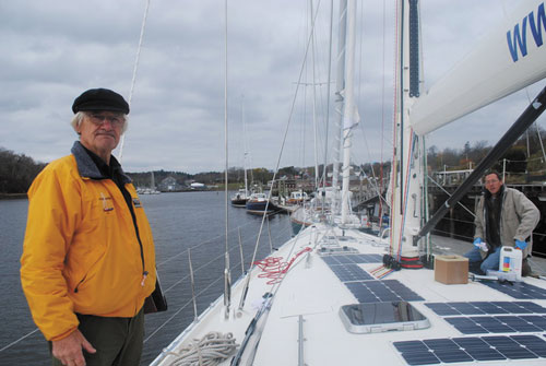 A BIG TRIP PLANNED: Stanley Paris, 76, standing on the deck of “Kiwi Spirit,” which was launched in Thomaston, has a year to prepare for the around-the-world, solo unassisted voyage that he hopes to complete in 120 days. The record for such a trip is 150 days, set by Dodge Morgan in 1986.