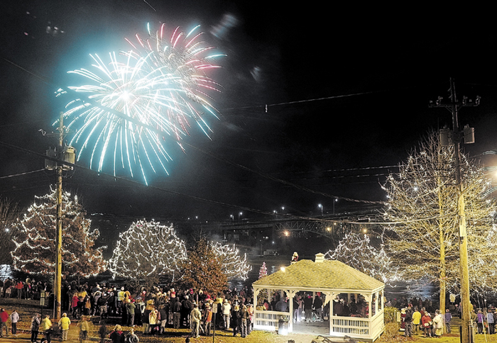 A fireworks display over the Kennebec River capped off tree lighting festivities in Augusta's Waterfront Park last year.