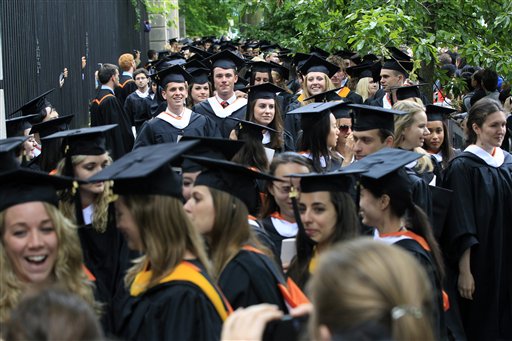 In this Tuesday, June 5, 2012 photo, friends and family greet a procession of the graduating class of 2012 at Princeton University after commencement ceremonies in Princeton, N.J. An annual survey predicts employers will increase hiring of new 4-year college graduates about 5 percent in the coming year. Demand for graduates with associate's degrees is expected to increase more sharply - by about 30 percent compared to last year's survey- while MBA hiring appears headed for an unexpected decline. The 42nd annual survey out Thursday, Nov. 15, 2012 from Michigan State University's College Employment Research Institute collects responses on hiring plans from more than 2,000 U.S. employers. (AP Photo/Mel Evans)