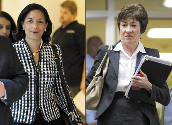 United Nations Ambassador Susan Rice, left, arrives for a meeting on Capitol Hill in Washington Wednesday with Sen. Susan Collins, R-Maine, right, to discuss the Benghazi terrorist attack on Sept. 11.