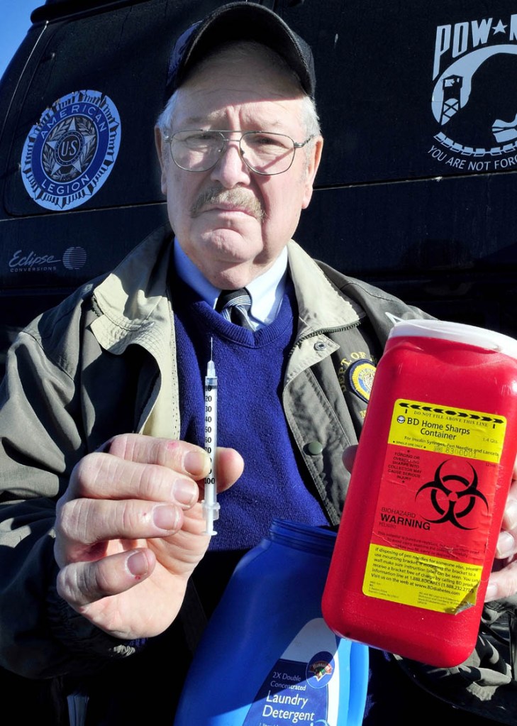 Don Simoneau, who is diabetic, has for five years made an effort to put into place proper disposal practices for medical syringes. Simoneau is an advocate for patients to use approved containers, at right, versus placing needles in plastic household containers.
