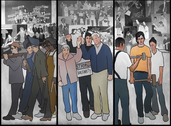 A detail of the 36-foot mural Maine Gov. Paul LePage ordered to be removed from the lobby of the Department of Labor headquarters building in Augusta in March 2011. The mural, by artist Judy Taylor, was installed in 2008. It depicts several moments in Maine labor history, including a 1937 shoe mill strike in Auburn and Lewiston and "Rosie the Riveter" at the Bath Iron Works.