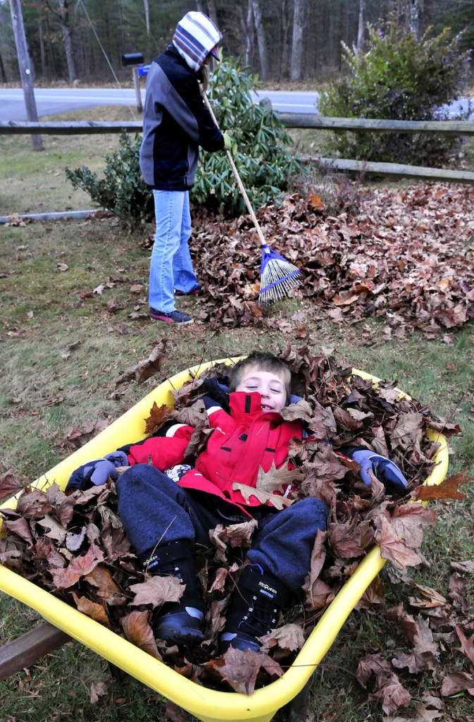 Logan Cagle lies back in a wheelbarrow load of leaves to keep them from blowing away as his mother, Jamie, rakes more in their yard in Waterville on Sunday.