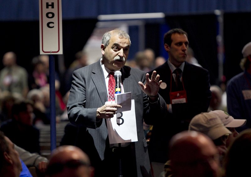 Charlie Webster, chairman of the Maine Republican Party, addresses the state convention last May at the Augusta Civic Center. Webster is giving up his post after the party’s poor showing in legislative races this week.