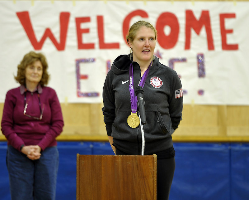 Olympic gold medalist Elle Logan speaks Friday at a gathering of Boothbay Elementary School students.