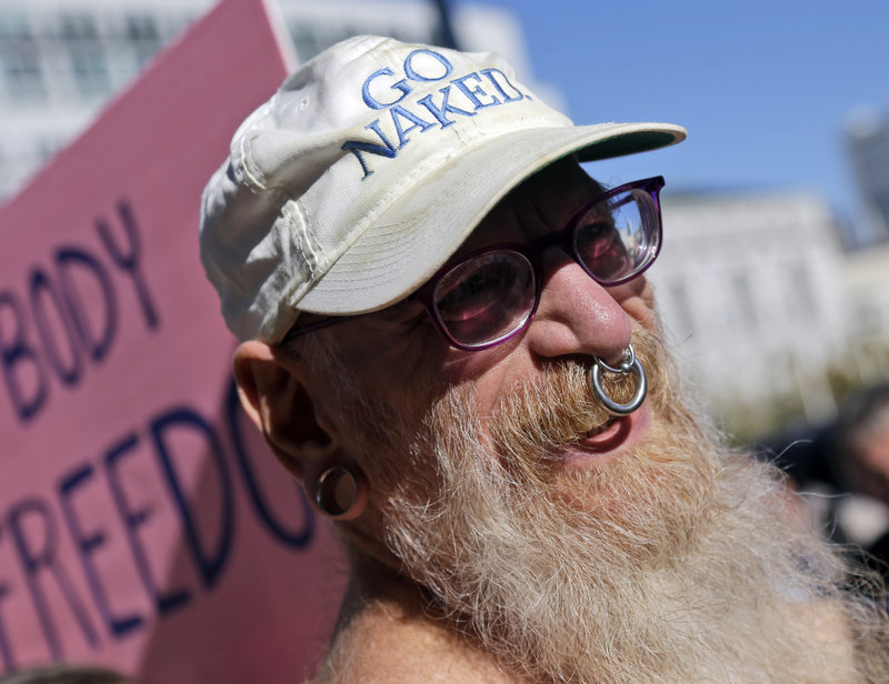 Woody Miller attends a rally outside City Hall in San Francisco last Wednesday in opposition to a proposed citywide ban on public nudity.