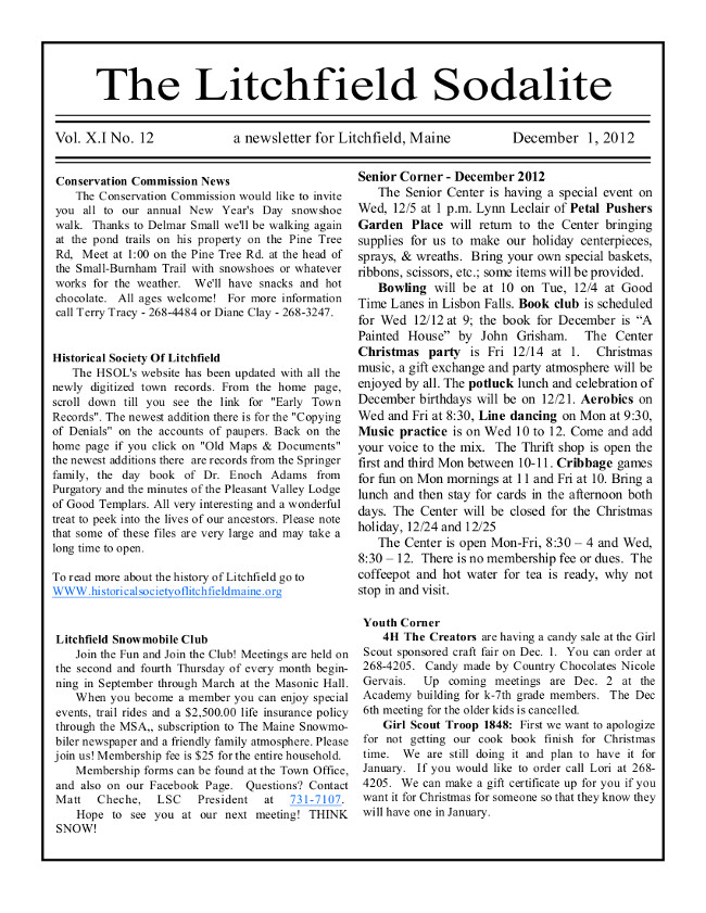 The front page of the December 2012 issue of The Litchfield Sodalite, the town's newsletter.