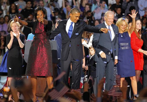 In this Nov. 6 file photo, President Barack Obama, joined by his wife Michelle, Vice President Joe Biden and his spouse Jill acknowledge applause after Obama delivered his victory speech on Election Night.
