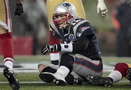 New England Patriots quarterback Tom Brady (12) reacts after being tackled short of the goal line in the fourth quarter an NFL football game against the San Francisco 49ers in Foxborough, Mass., Sunday, Dec. 16, 2012. (AP Photo/Steven Senne) Gillete Stadium