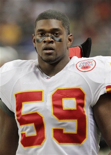 In this Dec. 19, 2010 file photo, Kansas City Chiefs linebacker Jovan Belcher (59) walks off the field during the third quarter of an NFL football game against the St. Louis Rams in St. Louis. Police say Belcher fatally shot his girlfriend early Saturday, Dec. 1, 2012, in Kansas City, Mo., then drove to Arrowhead Stadium and committed suicide in front of his coach and general manager. (AP Photo/Seth Perlman, File)