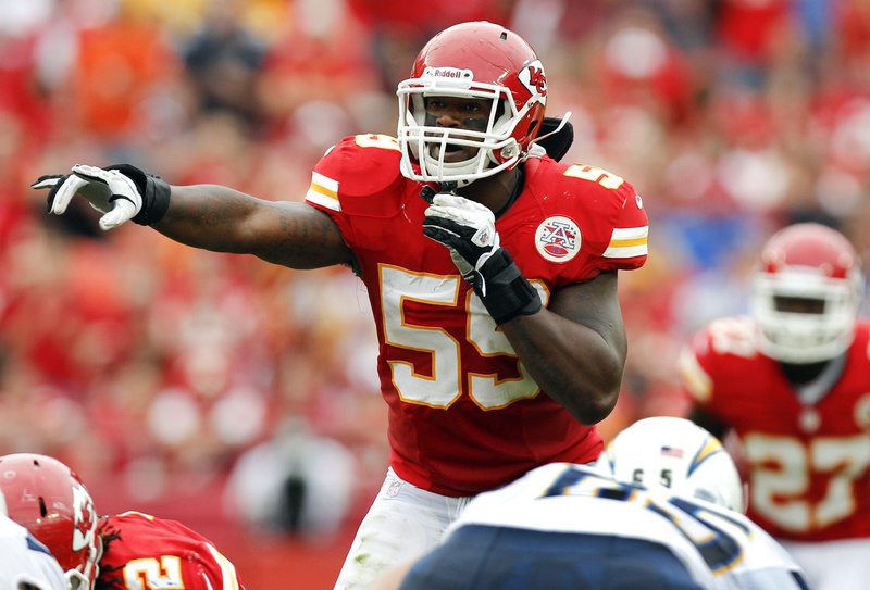 Kansas City Chiefs inside linebacker Jovan Belcher (59) gestures at the line of scrimmage during a game against the San Diego Chargers in September. Police say Belcher fatally shot his girlfriend early Saturday in Kansas City, Mo., then drove to Arrowhead Stadium and committed suicide in front of his coach and general manager.