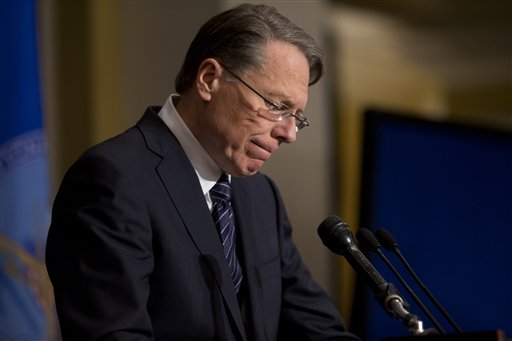 National Rifle Association chief executive Wayne LaPierre speaks during a news conference Friday in response to the Connecticut school shootings in Washington.