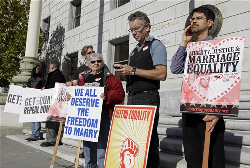 Gay marriage supporters protest outside the California Supreme Court in San Francisco in this Nov. 17, 2011, photo. The Supreme Court will take up California's ban on same-sex marriage, a case that could give the justices the chance to rule on whether gay Americans have the same constitutional right to marry as heterosexuals.