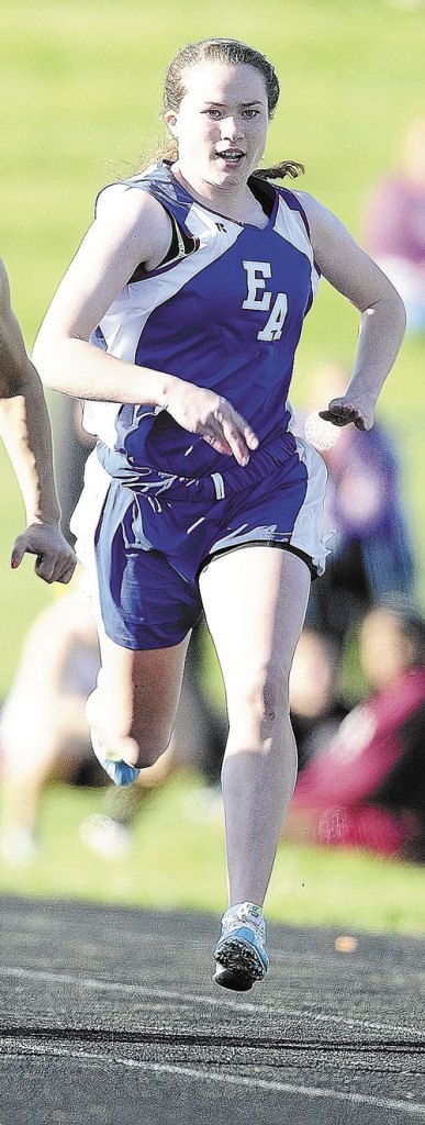 MAKING RECORDS: Erskine Academy’s Jade Canak set school records in the triple and long jumps and ran the anchor leg of the 4x400 relay team that set another school record at the Bowdoin Relays on Saturday in Brunswick.