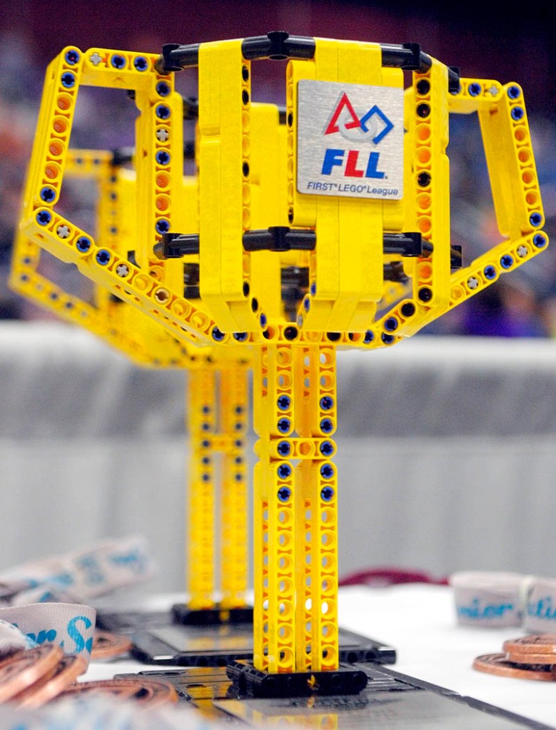 The trophies are made of LEGOs at at the 13th annual Maine First LEGO League Championship on Saturday, at the Augusta Civic Center.