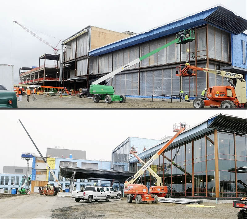 The top photo shows the front entrance of the new MaineGeneral regional hospital on May 22, in north Augusta. The bottom photo shows the same side of the new MaineGeneral regional hospital on Dec. 4.