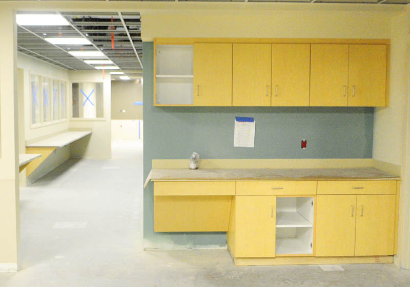 There are several counters and cupboards installed at the new MaineGeneral regional hospital in Augusta. The cabinets, counters and some other items are prefabricated at Windham Millworks's shop before being shipped to Augusta and installed.
