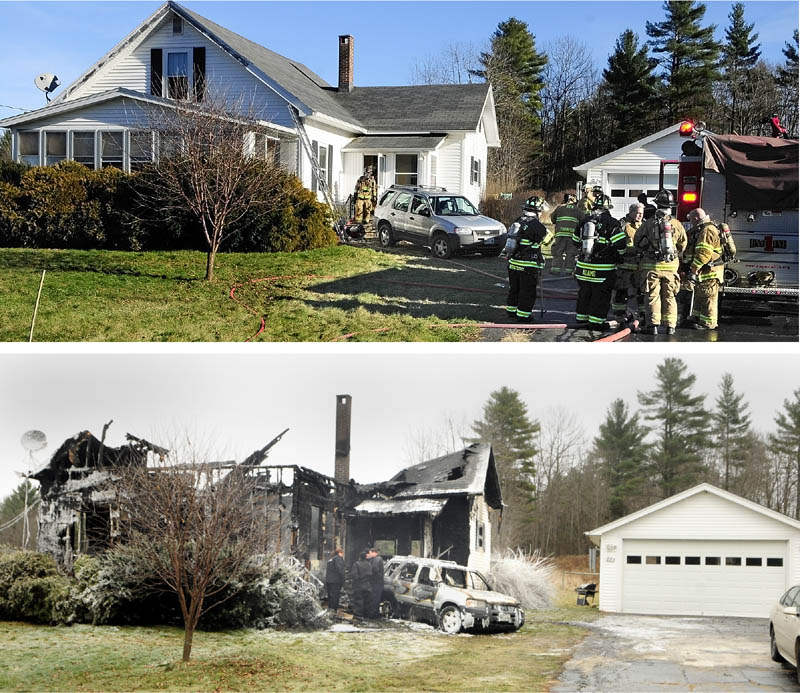 The top photo was taken around 1 p.m. Friday after firefighters extinguished a blaze at 283 Spring Road in Augusta. The bottom photo shows the same home this morning as fire marshals investigate after it burned down in a second fire.