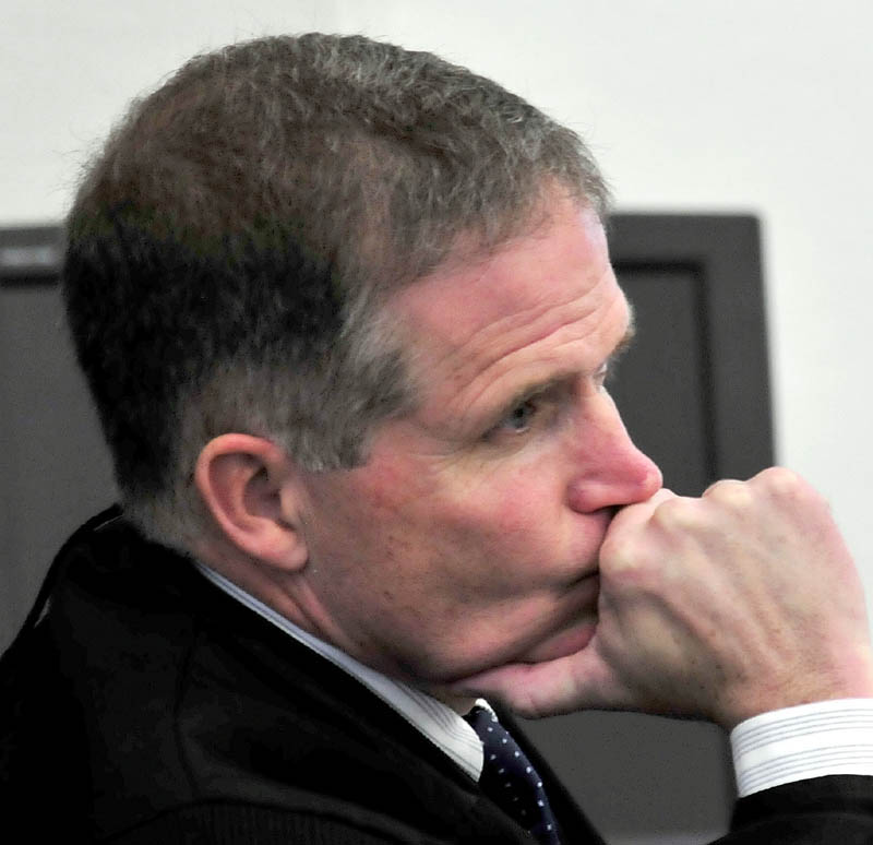 Justice John Nivison listens to closing arguments during the murder trial of Robert Nelson in Somerset County Superior Court in Skowhegan on Tuesday. Nivison said he would reach a verdict later this month.