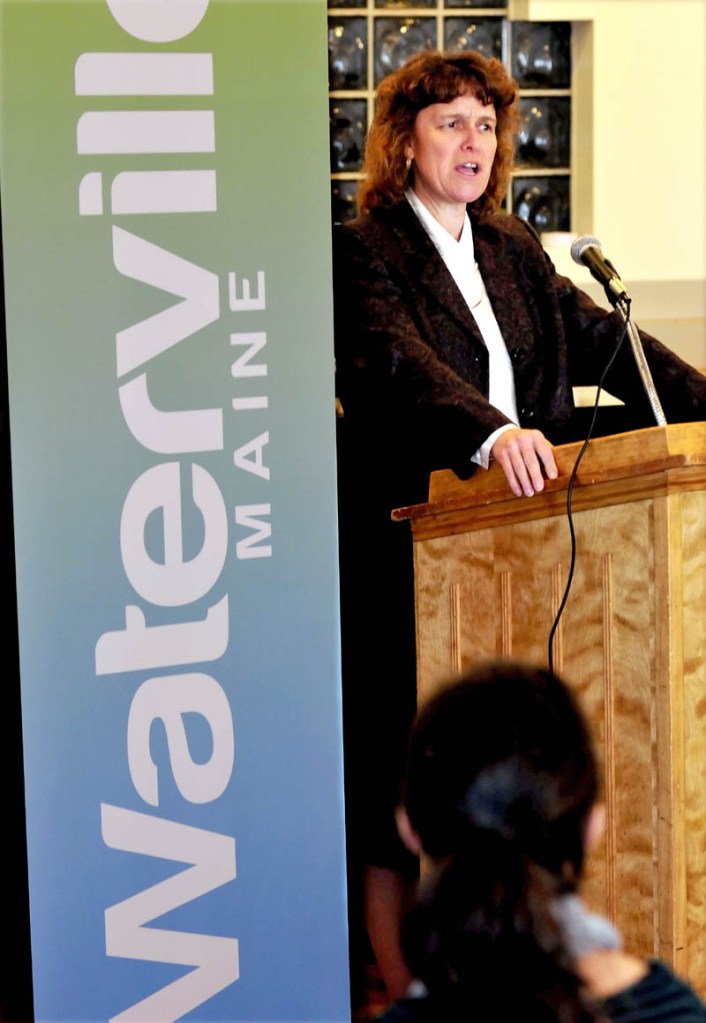 Thomas College President Laurie Lachance speaks to the Leading Women's Luncheon of the Mid-Maine Chamber of Commerce in Waterville on Tuesday.