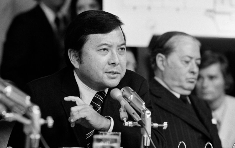 Sen. Daniel K. Inouye, D-Hawaii, then a member of the Watergate investigating committee, questions witness James McCord during a hearing on May 19, 1973, in Washington.
