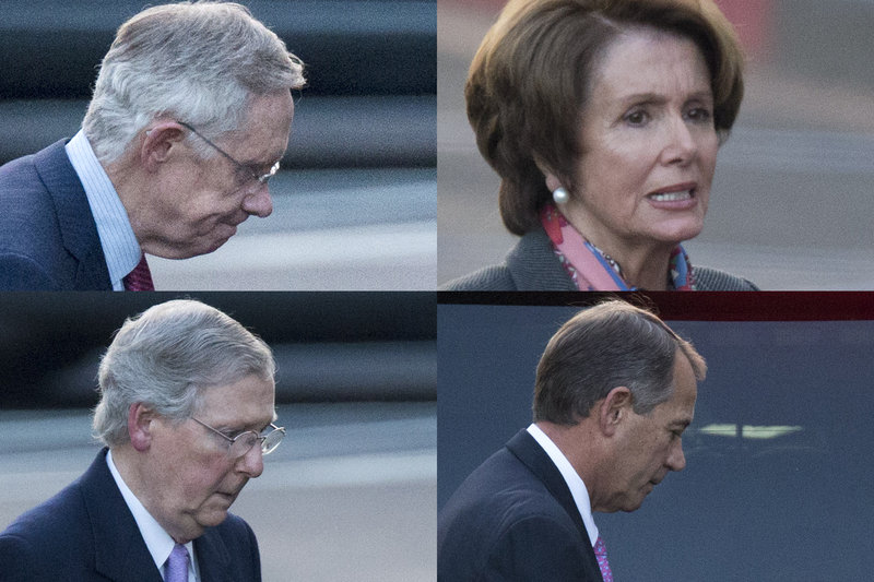 In a combination of photos, congressional leaders Harry Reid, D-Nev., Nancy Pelosi, D-Calif., Mitch McConnell, R-Ky., and John Boehner, R-Ohio, leave the White House separately Friday following a closed-door meeting with President Obama in an effort to avert the fiscal cliff. Reid, the Senate majority leader, and McConnell, the Senate minority leader, were racing Saturday to forge a deal in time for votes Sunday night by both houses of Congress.