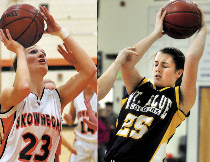 HERE WE GO AGAIN: Skowhegan’s Adriana Martineau, left, and Mt. Blue’s Gabby Foy, right, lead their teams into a season-opening Kennebec Valley Athletic Conference Class A matchup tonight. The two teams met in the playoffs last season, with Skowhegan rallying from a 17-point halftime deficit to a 56-55 overtime win.
