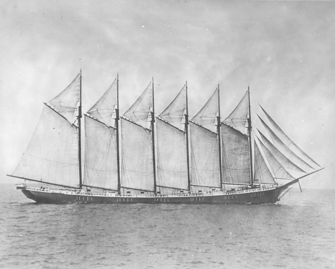 The six-masted Wyoming was built in Bath at the historic Percy & Small shipyard, and launched on Dec. 15, 1909. It sank in a gale in 1924.