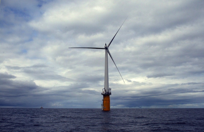 The four floating wind turbines Norwegian energy company Statoil wants to site 12 miles off Boothbay Harbor would look similar to the Hywind test turbine, now producing power off the coast of Norway.