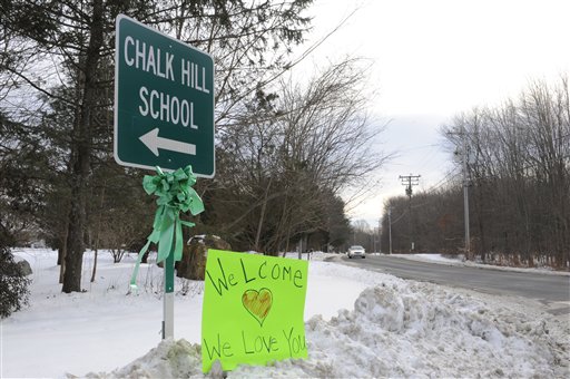 A sign for Chalk Hill School is seen in Monroe, Conn., Wednesday, Jan. 2, 2013. School resumes Wednesday for students in Newtown, Conn., except for the Sandy Hook Elementary School students, who will begin classes on Thursday at Chalk Hill School. The school was overhauled specially for them in the neighboring town of Monroe, Conn. (AP Photo/Jessica Hill)
