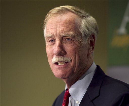 FILE - In a Wednesday, Nov. 7, 2012 file photo, Independent Senator-elect Angus King speaks at a news conference, in Freeport, Maine.