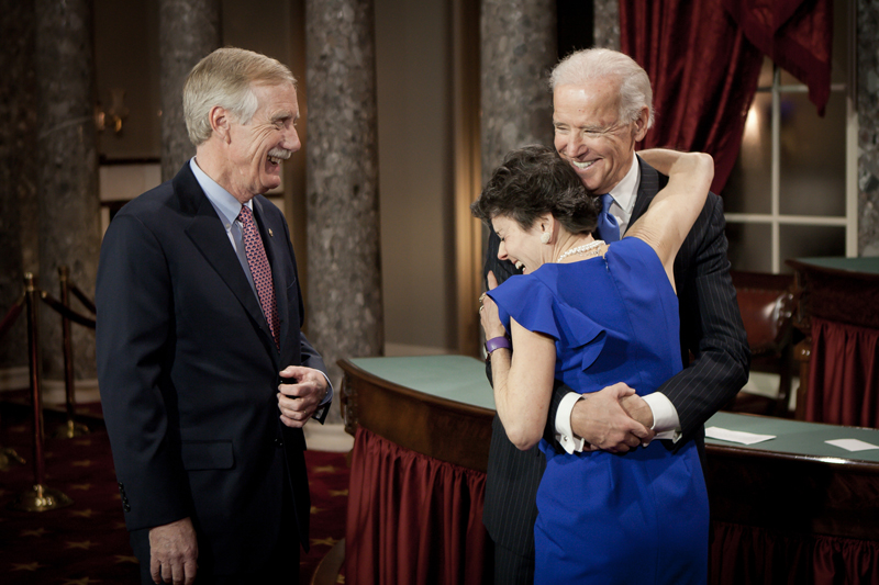 Shortly after he was sworn in Thursday, Sen. Angus King, a Maine independent, laughs along with his wife, Mary Herman, and Vice President Joe Biden as they embrace on the floor of the Old Senate Chamber in the U.S. Capitol. The new senator thanked the current batch of leaders “for not solving all of the problems, for saving some.”