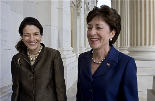 In this Oct. 22, 2009, file photo, Maine's Republican senators, Olympia Snowe, left, and Susan Collins, are seen on Capitol Hill in Washington.