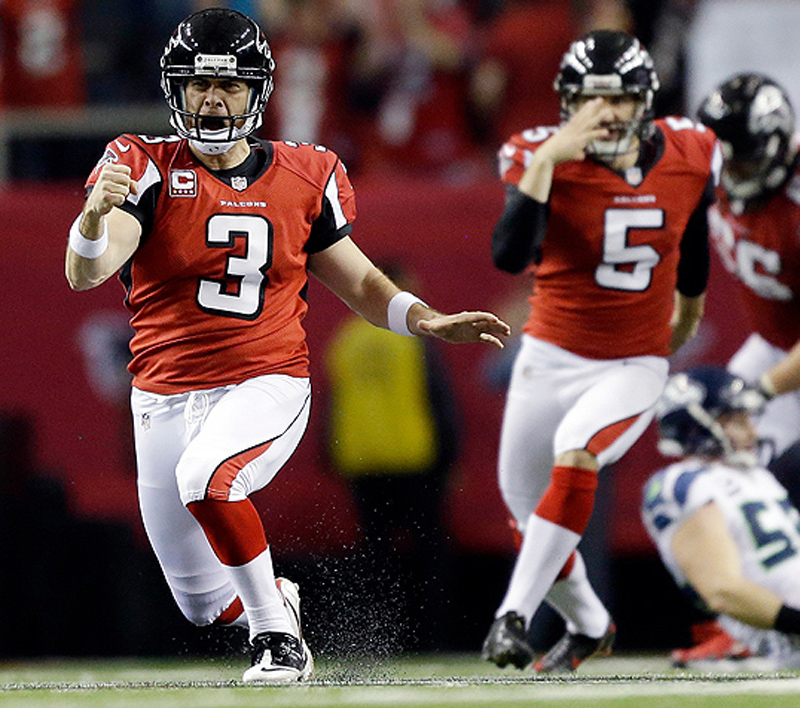 Falcons kicker Matt Bryants (3) celebrates after kicking a 49-yard field goal with 8 seconds left to give Atlanta a 30-28 win over the Seattle Seahawks in Sunday’s NFC divisional playoff game. Georgia Dome
