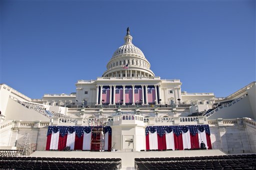 The West Front of the Capitol in Washington is dressed in red, white and blue, with two days to go before the 57th Presidential Inauguration and President Obama's second inauguration, on Saturday.