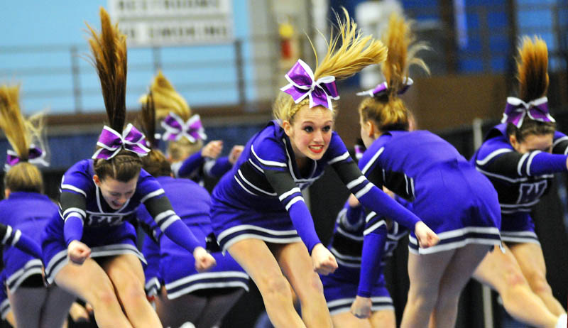 JUMP: Waterville High School cheerleaders compete at the Kennebec Valley Athletic Conference Class A cheering competition Monday in Augusta.