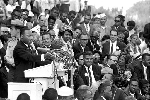 The Rev. Dr. Martin Luther King Jr., head of the Southern Christian Leadership Conference, speaks to thousands during his "I Have a Dream" speech in front of the Lincoln Memorial for the March on Washington for Jobs and Freedom, in Washington, on Aug. 28, 1963.