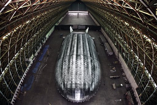 The massive blimp-like airship being built by Worldwide Aeros in a WWII-era blimp hangar at the former Marine Air Station in Tustin, Calif.