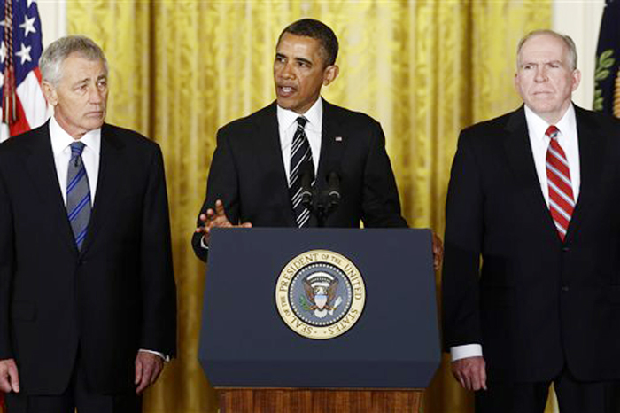 President Barack Obama announces at the White House on Monday that he is nominating Deputy National Security Adviser for Homeland Security and Counterterrorism, John Brennan, right, as the new director of the CIA, and former Nebraska Sen. Chuck Hagel, left, as the new defense secretary.