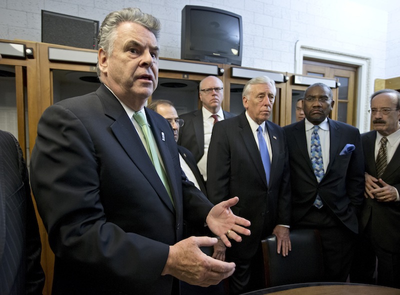 Rep. Peter King, R-N.Y., left, joined by other New York area-lawmakers affected by Superstorm Sandy, express their anger and disappointment after learning the House Republican leadership decided to allow the current term of Congress to end without holding a vote on aid for the storm's victims, at the Capitol in Washington, early Wednesday, Jan. 2, 2013. From left are, King, Rep. Jerrold Nadler, D-N.Y., Rep. Joseph Crowley, D-N.Y., House Minority Whip Steny Hoyer of Md., Rep. Gregory Meeks, D-N.Y., and Rep. Eliot Engel, D-N.Y. (AP Photo/J. Scott Applewhite)